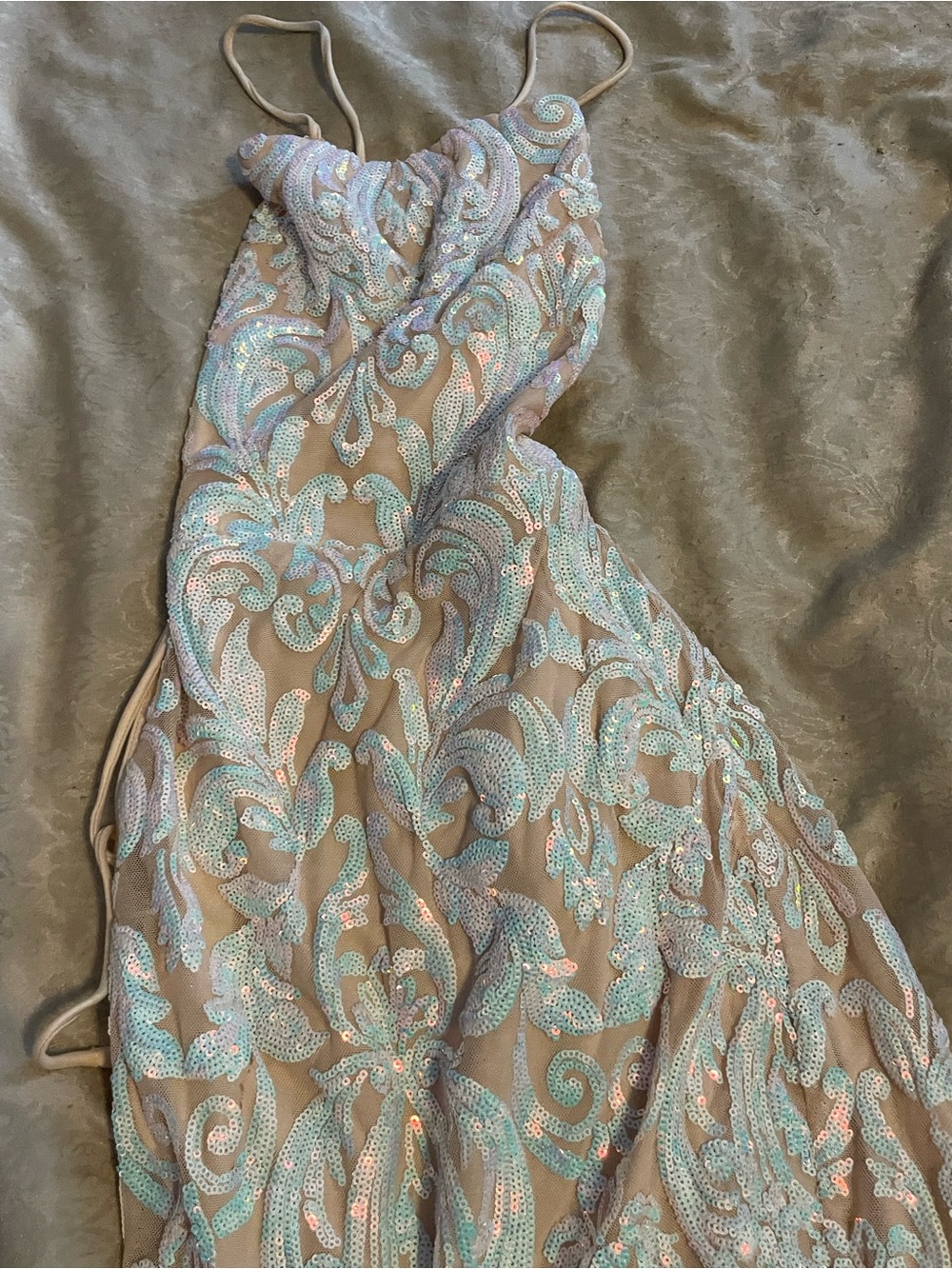 Windsor Nude Strapless Dress with Iridescent Aqua Sequins
